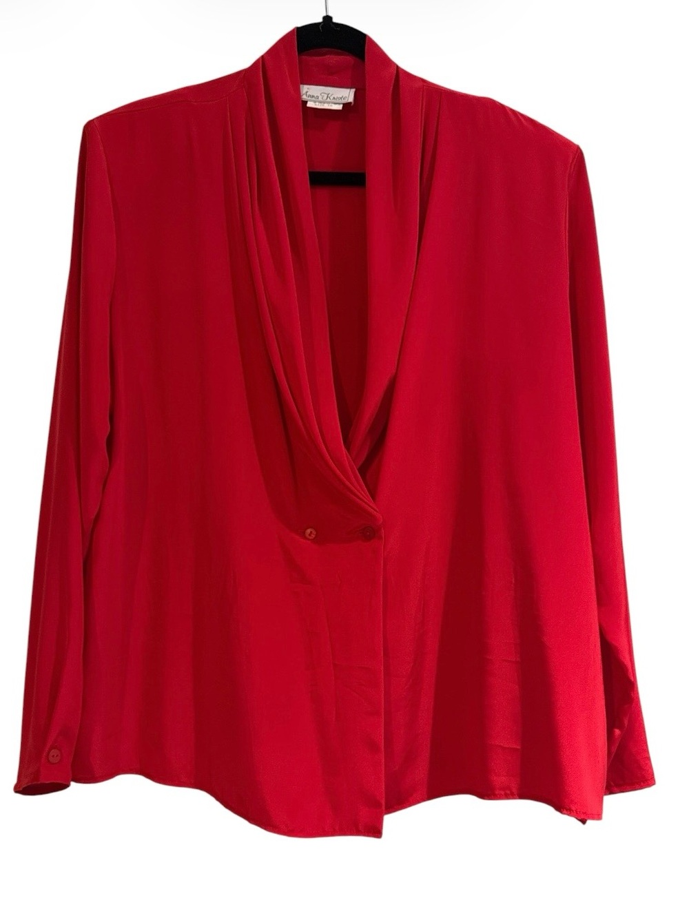 Vintage Anna Kriste red blouse featuring a distinctive draped neckline